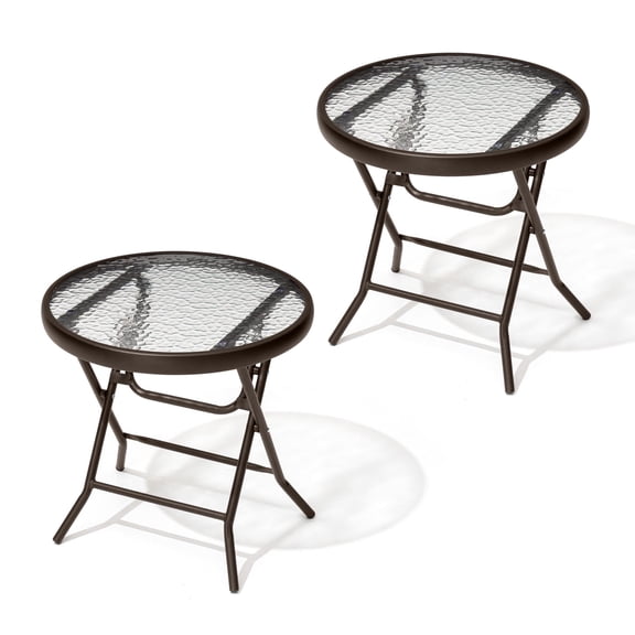 Crestlive Products Foldable Patio Side Table with Tempered Glass Top 18" Small Glass Patio End Tables (Brown,2PCS)