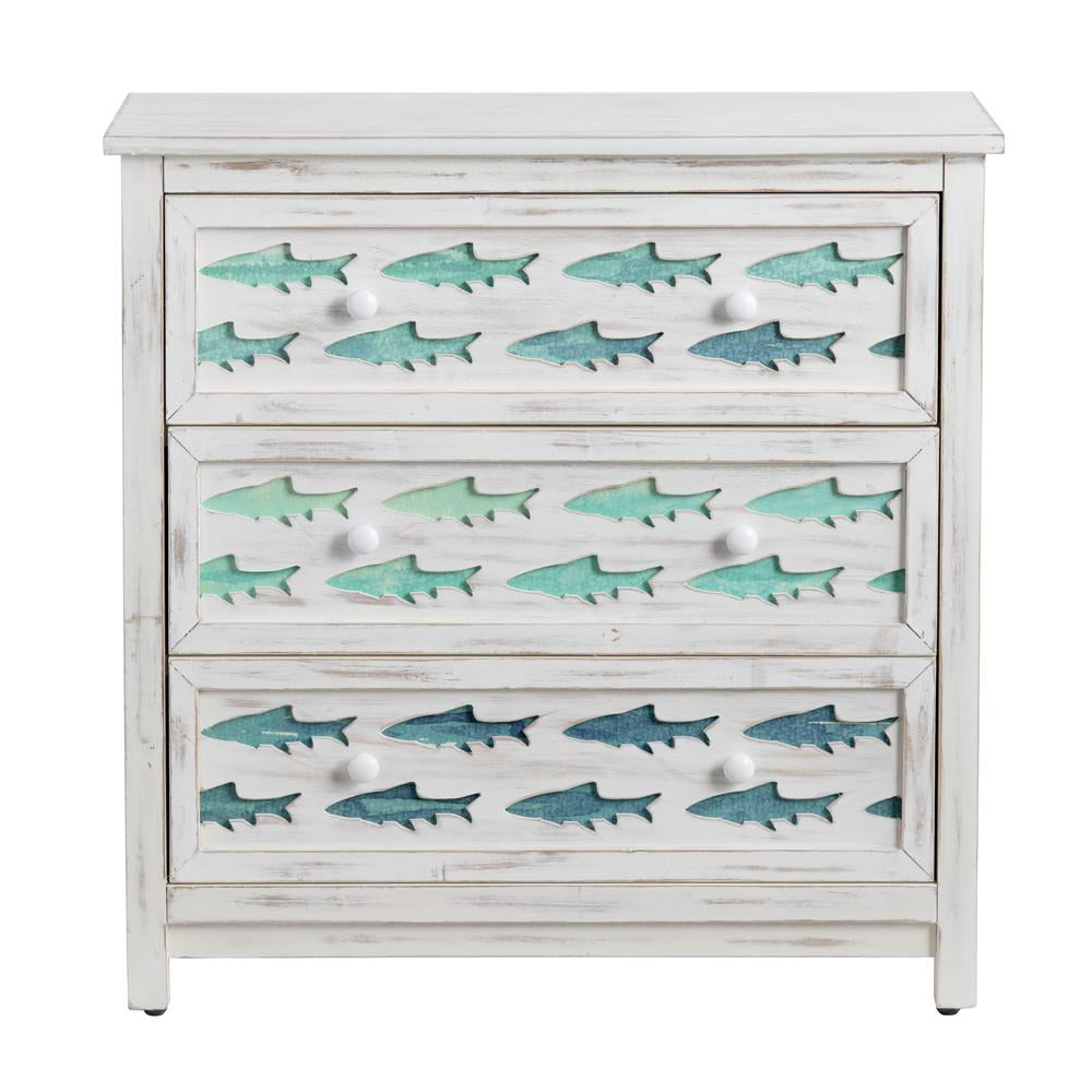 White Washed Fir Wood Coastal 3-Drawer Chest with Blue Fish