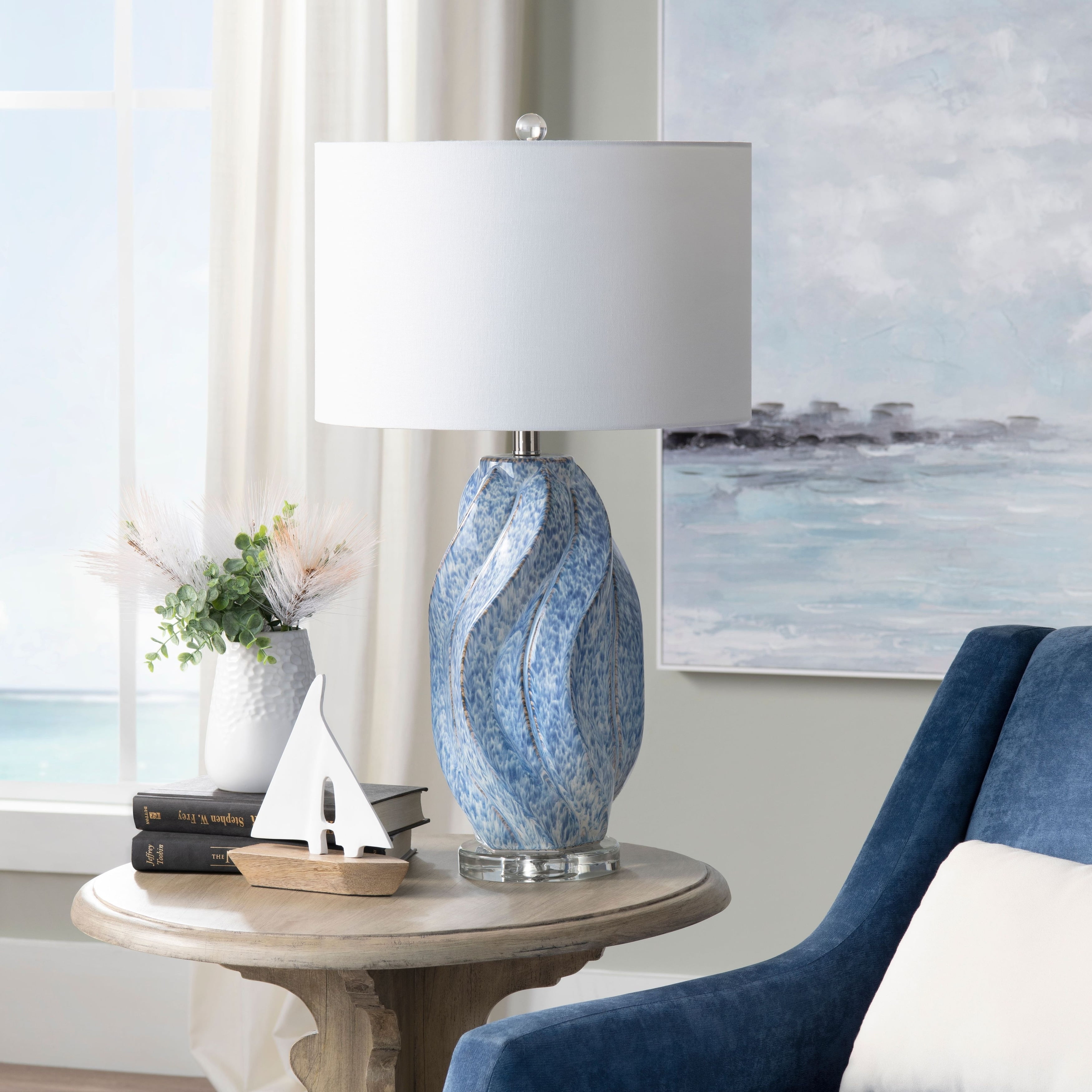Janice Blue Swirl Ceramic Table Lamp with White Linen Shade