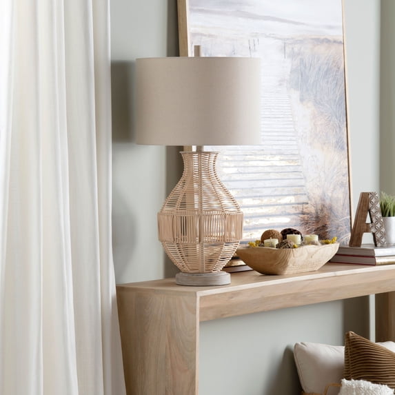 Crestview Collection Jayce 3-Way Rattan Table Lamp with Oat Linen Lamp Shade
