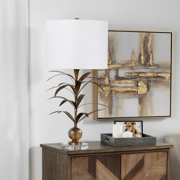 Crestview Collection Mandalay 3-Way Palm Fronds Metal Table Lamp with White Linen Shade