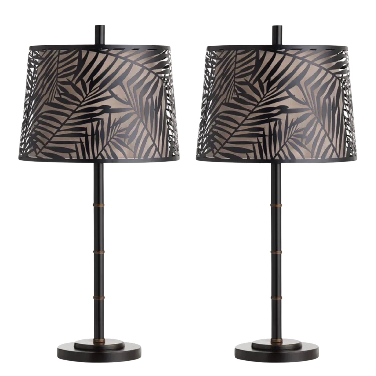 Bronze Palm Leaf Laser-Cut Metal Table Lamp Set with Linen Shade