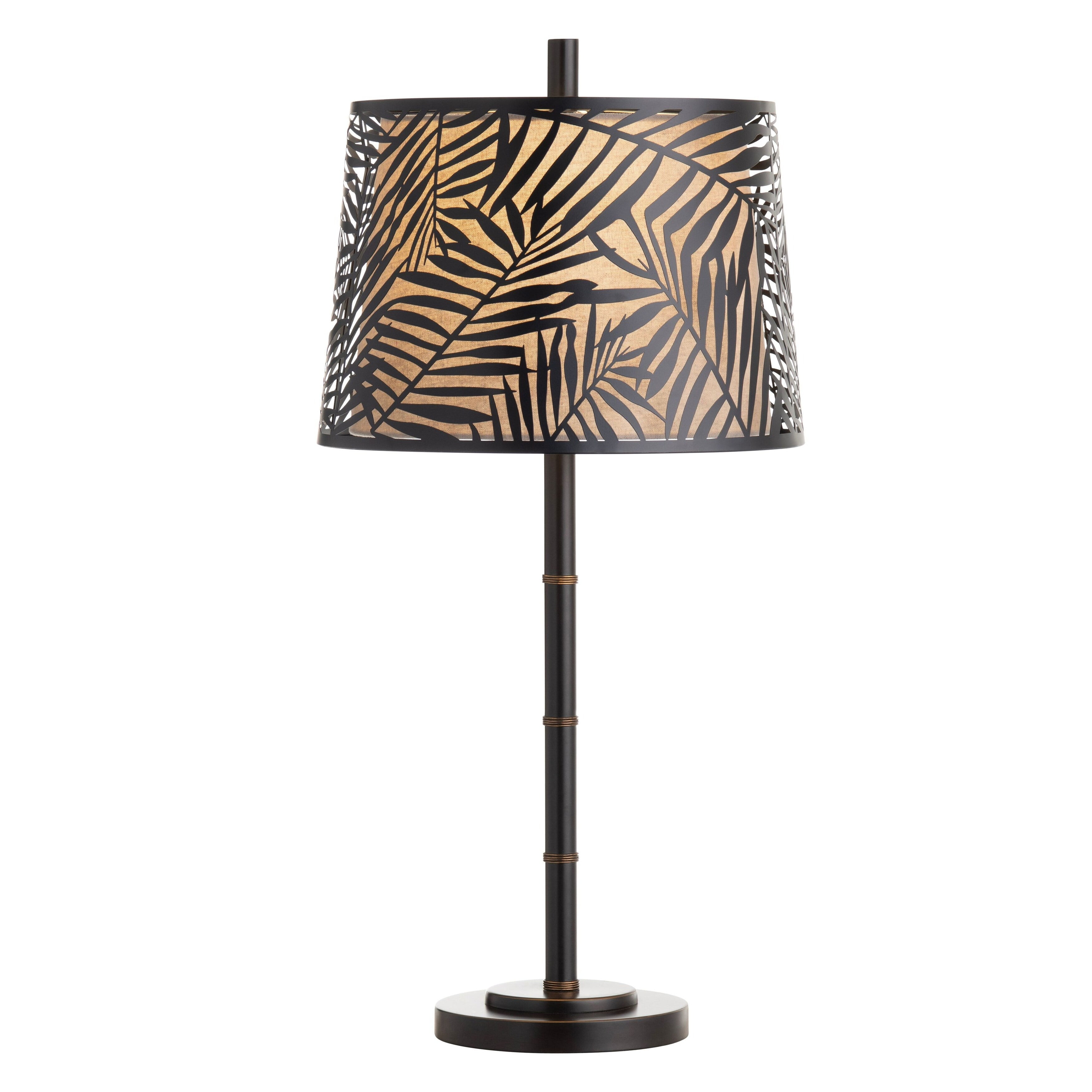 Bronze Palm Leaf Laser-Cut Metal Table Lamp Set with Linen Shade