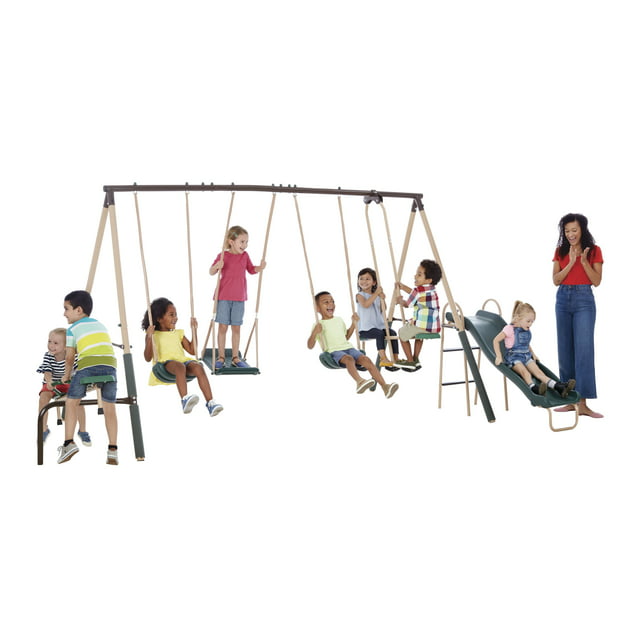 Crestview Swing Set by XDP Recreation with 2 Swing Seats, Stand R Swing, Wave Slide, Fun Glider, & See Saw