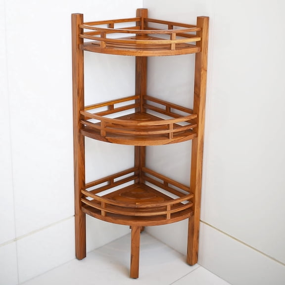 Crestwood Garden Savannah Teak Wood Freestanding 3 Tier Corner Bathroom Storage Shelf