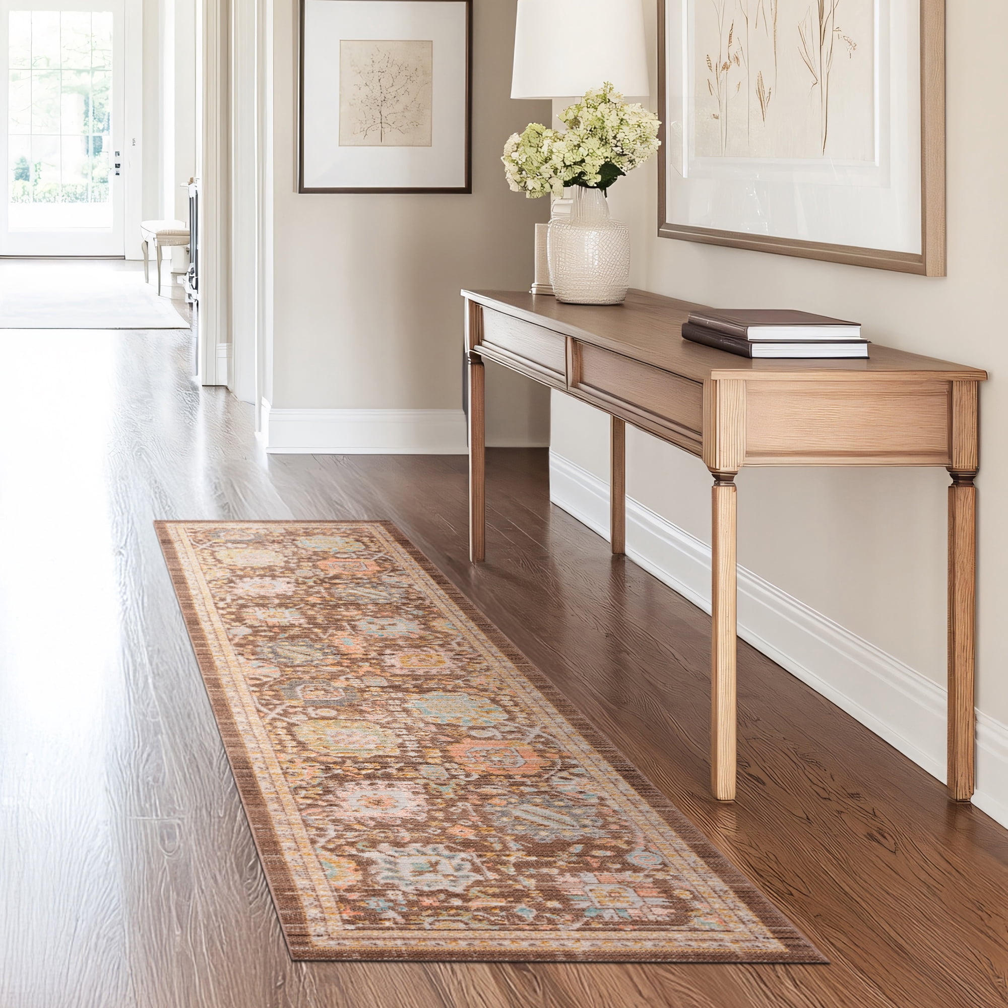 Crestwood Traditional Oriental 2'3'' x 7'7'' Brown and Aqua Polyester Indoor Runner Rug, 2'3'' x 7'7''