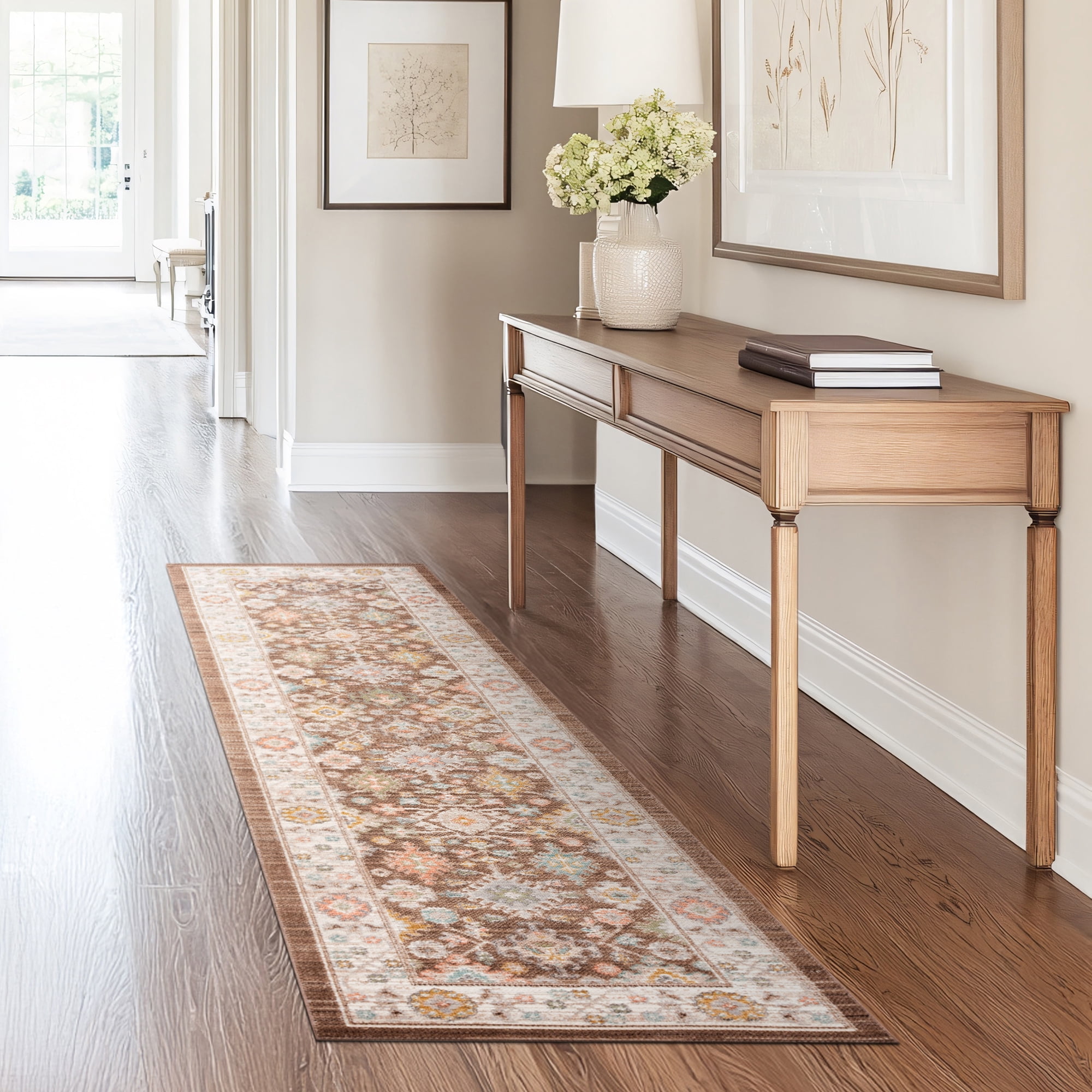Crestwood Traditional Oriental 2x8 Brown and Aqua Polyester Indoor Runner Rug, 2'3'' x 7'7''