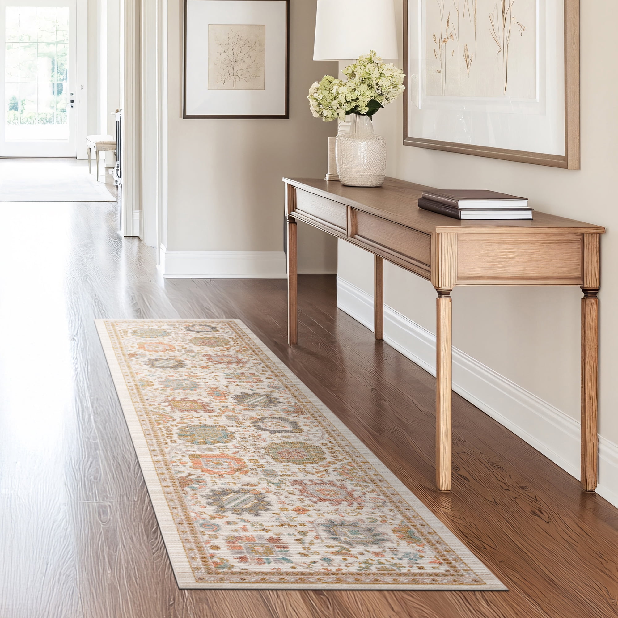 Crestwood Traditional Oriental 2x8 Cream and Aqua Polyester Indoor Runner Rug, 2'3'' x 7'7''