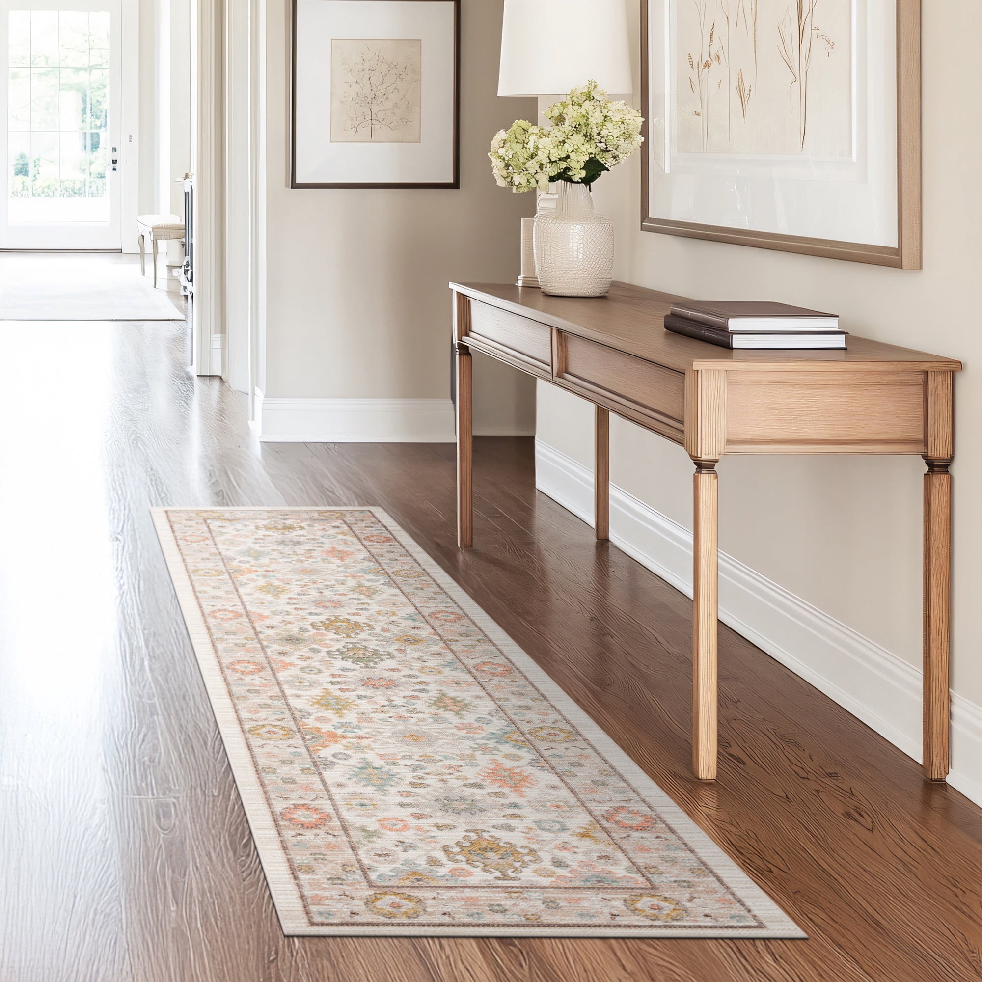Crestwood Traditional Oriental 2x8 Cream and Aqua Polyester Indoor Runner Rug, 2'3'' x 7'7''