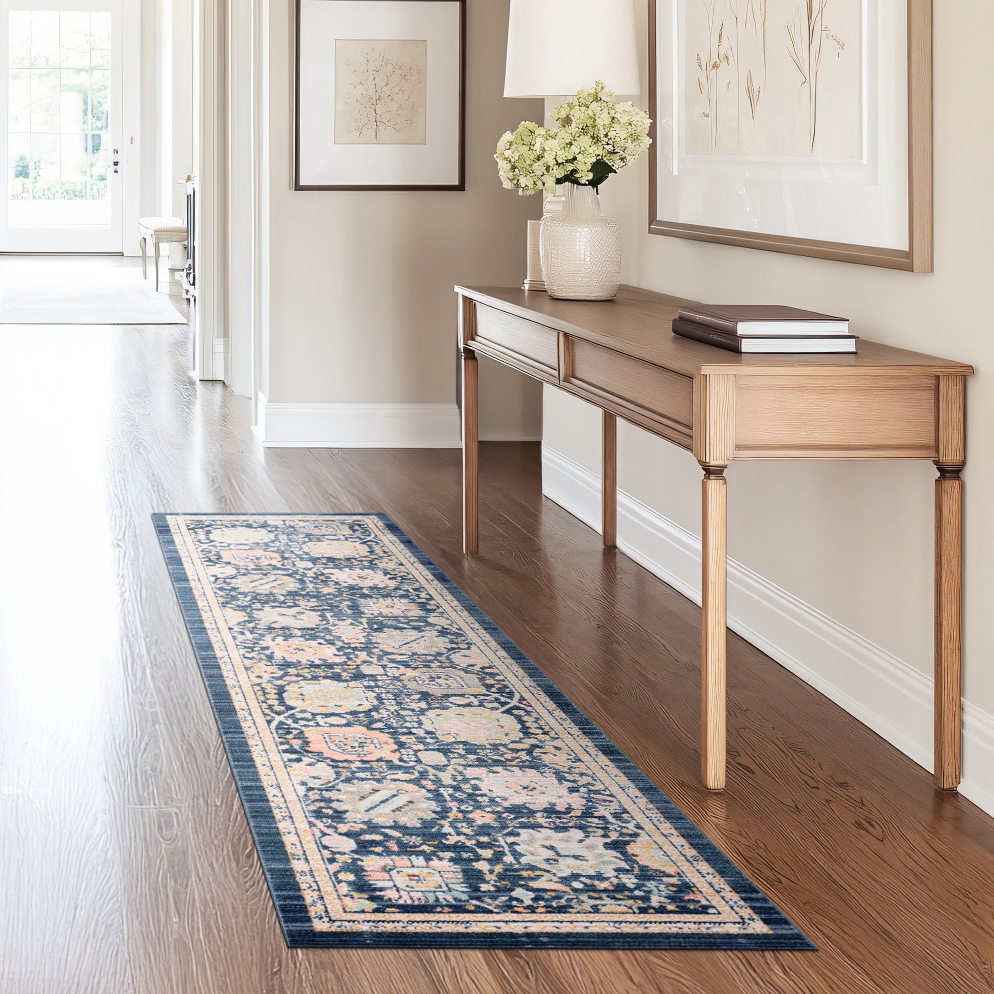 Crestwood Traditional Oriental 2'3'' x 7'7'' Navy and Aqua Polyester Indoor Runner Rug, 2'3'' x 7'7''