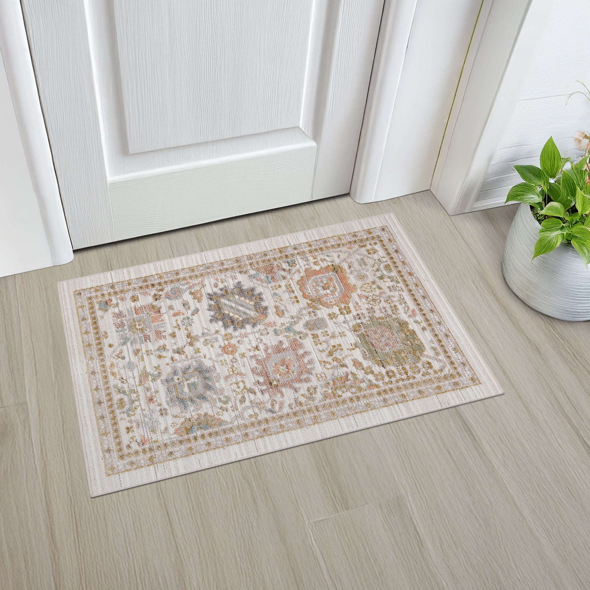 Crestwood Traditional Oriental 2x3 Cream and Aqua Polyester Indoor Area Rug, 2' x 3'