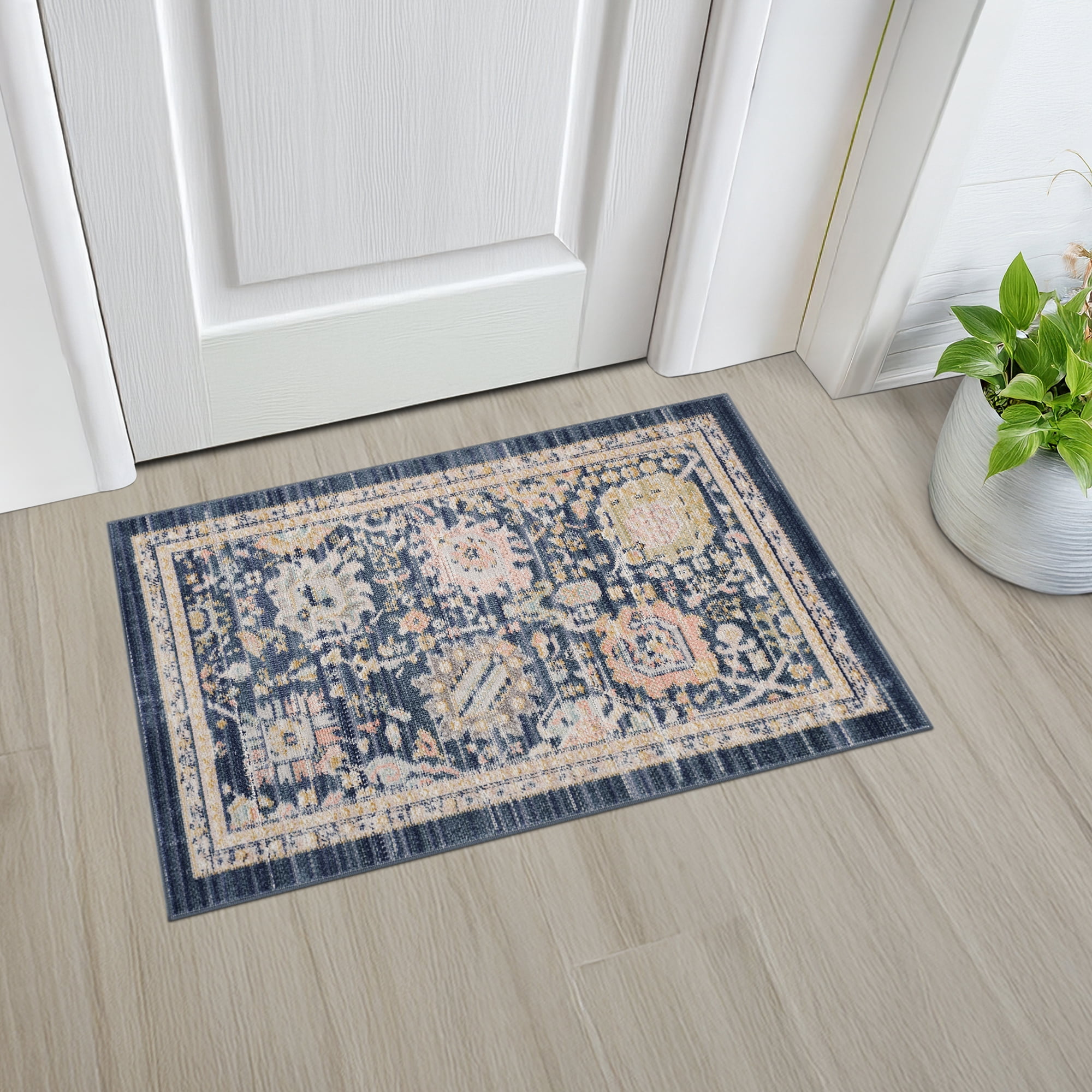 Crestwood Traditional Oriental 2' x 3' Navy and Aqua Polyester Indoor Area Rug, 2' x 3'