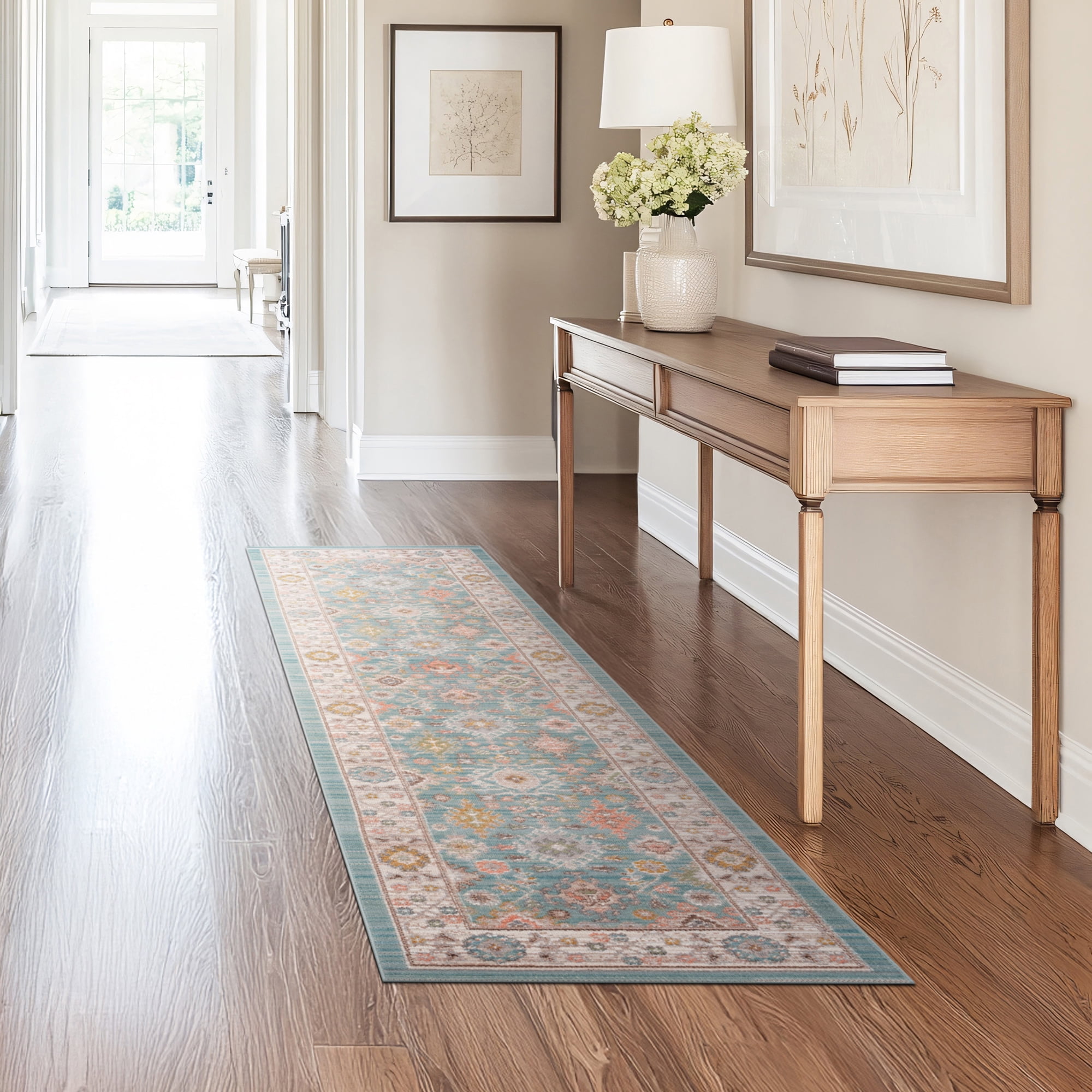 Crestwood Traditional Oriental 2x8 Aqua and Sage Polyester Indoor Runner Rug, 2'3'' x 7'7''