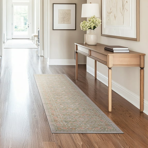 Crestwood Traditional Oriental 2x8 Sage and Gold Polyester Indoor Runner Rug, 2'3'' x 7'7''