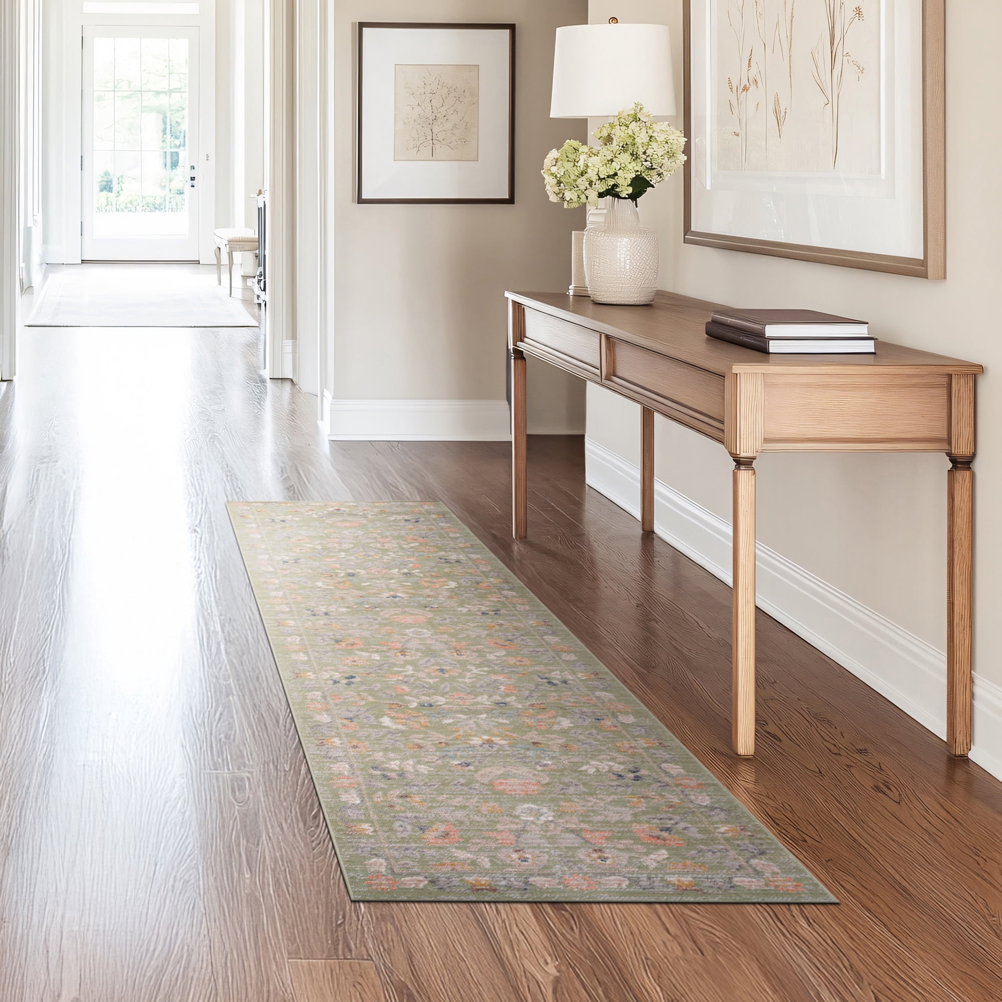Crestwood Traditional Oriental 2x8 Sage and Gold Polyester Indoor Runner Rug, 2'3'' x 7'7''