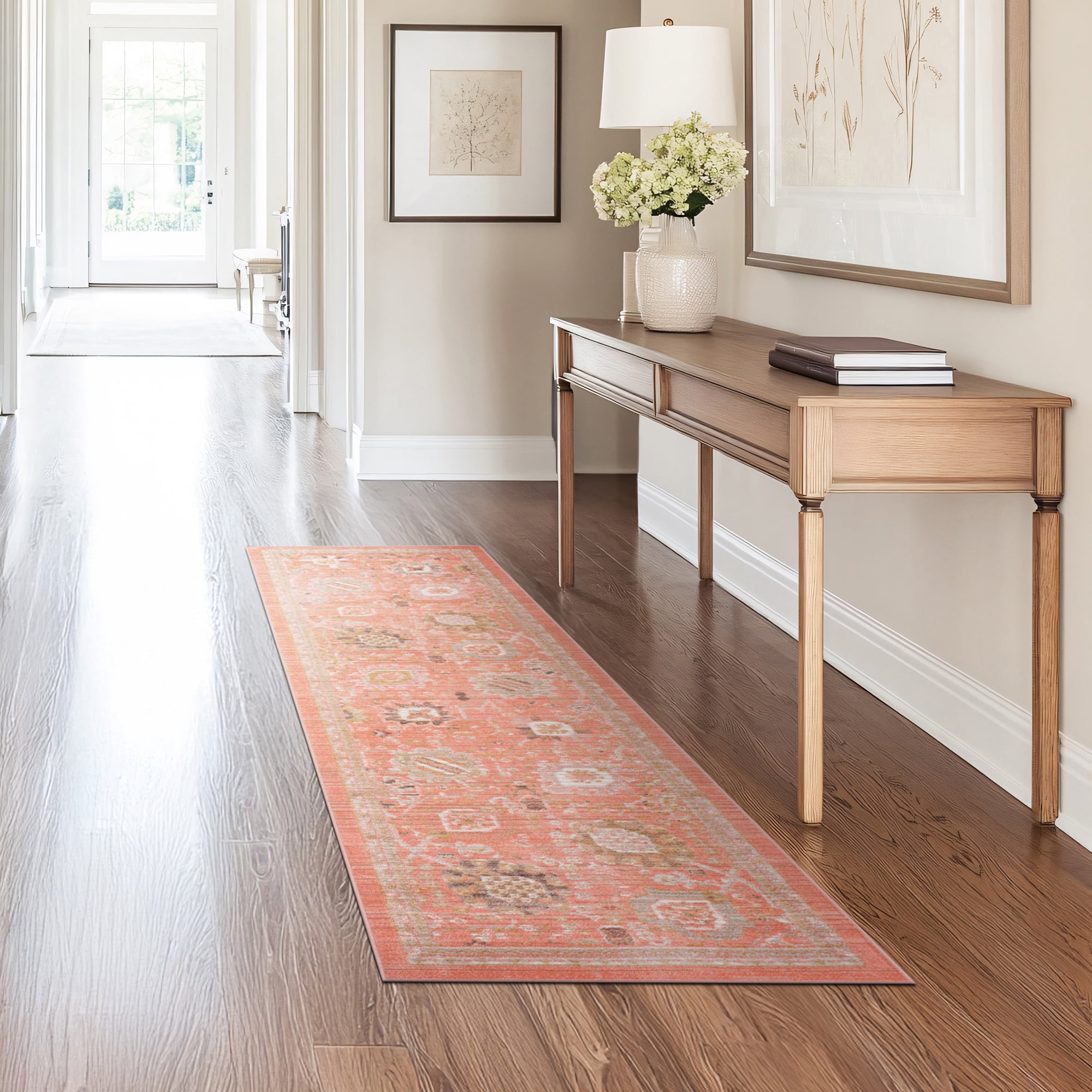 Crestwood Traditional Oriental 2x8 Salmon and Brown Polyester Indoor Runner Rug, 2'3'' x 7'7''