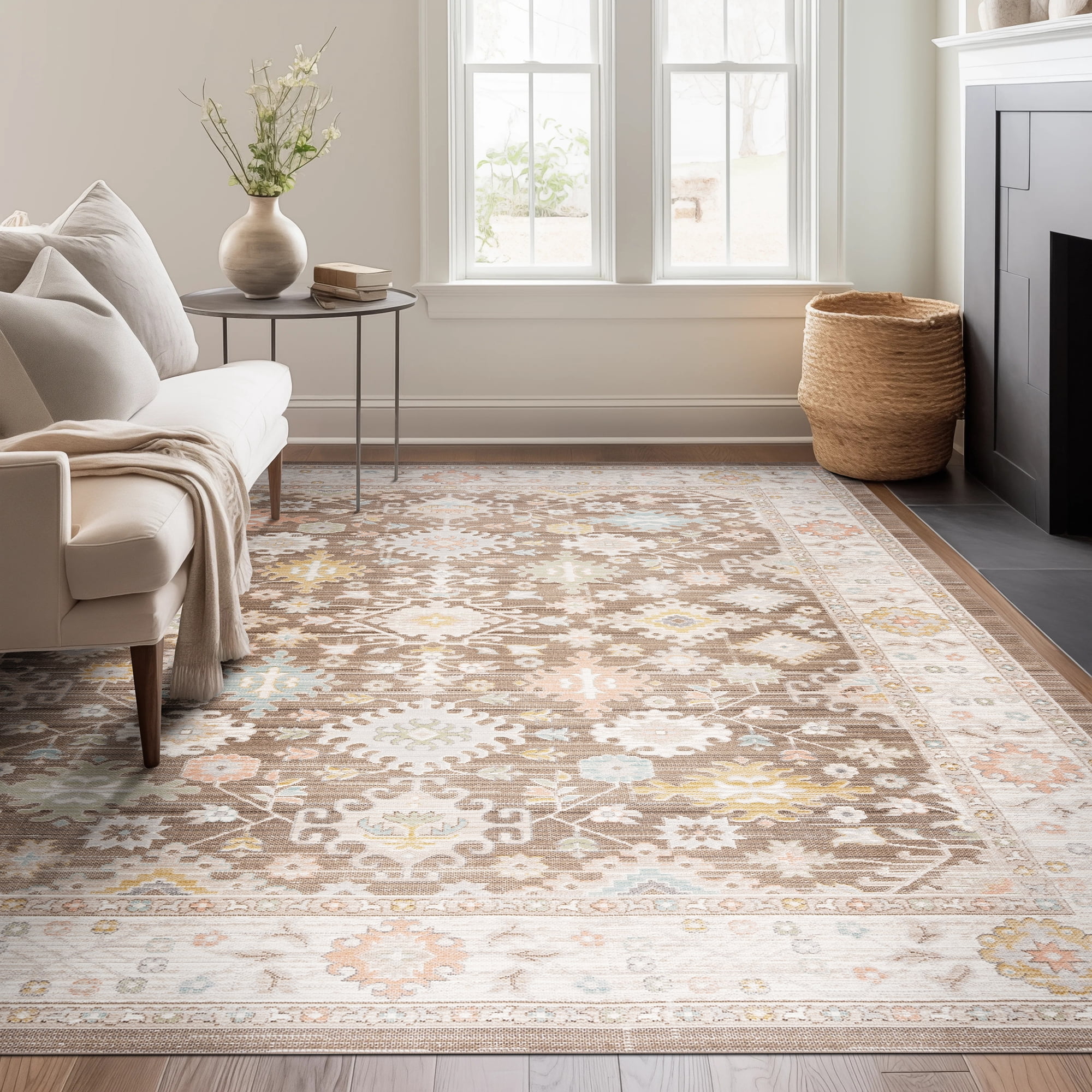 Crestwood Traditional Oriental 5x7 Brown and Aqua Polyester Indoor Area Rug, 5'3'' x 7'