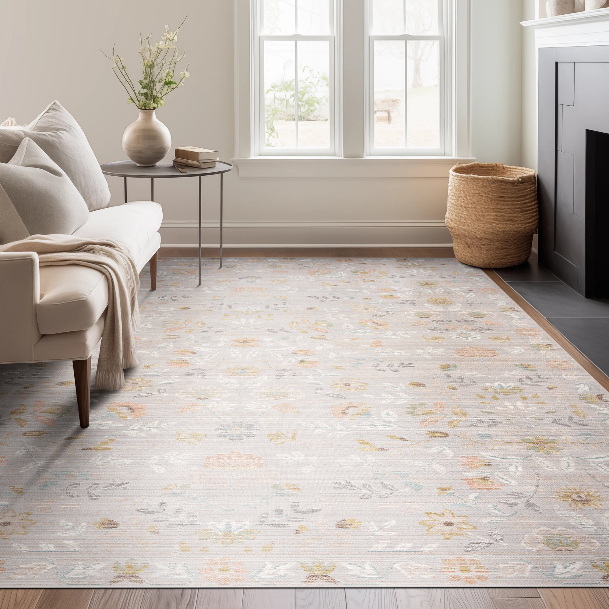Crestwood Traditional Oriental 5x7 Gray and Aqua Polyester Indoor Area Rug, 5'3'' x 7'