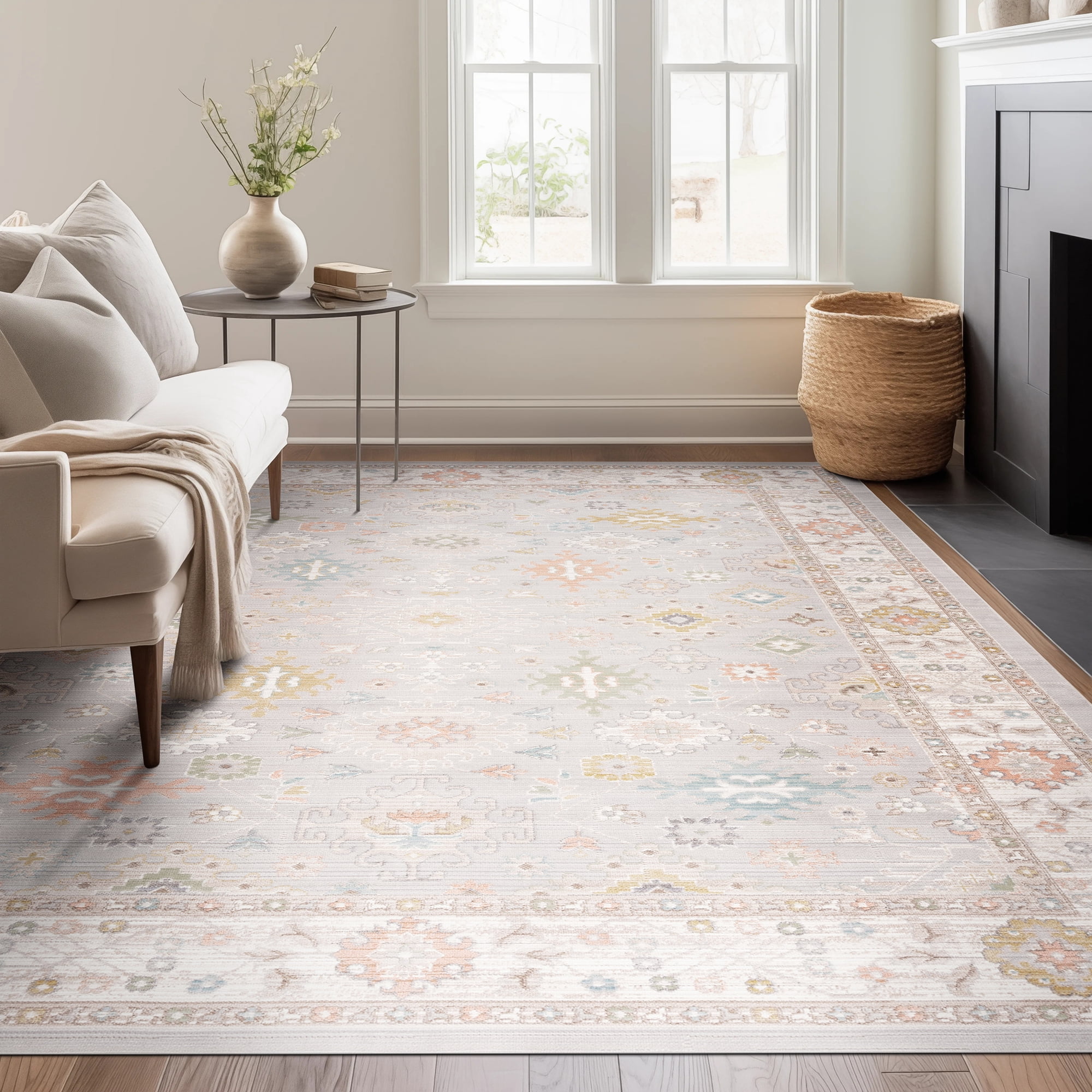 Crestwood Traditional Oriental 5x7 Gray and Aqua Polyester Indoor Area Rug, 5'3'' x 7'