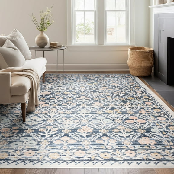 Crestwood Traditional Oriental 5x7 Navy and Aqua Polyester Indoor Area Rug, 5'3'' x 7'