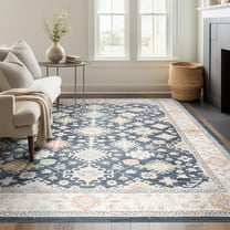 Crestwood Traditional Oriental 5x7 Navy and Aqua Polyester Indoor Area Rug, 5'3'' x 7'