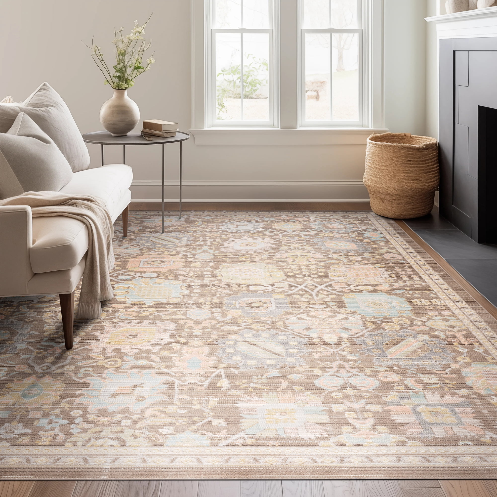 Crestwood Traditional Oriental 8x10 Brown and Aqua Polyester Indoor Area Rug, 7'10'' x 9'4''