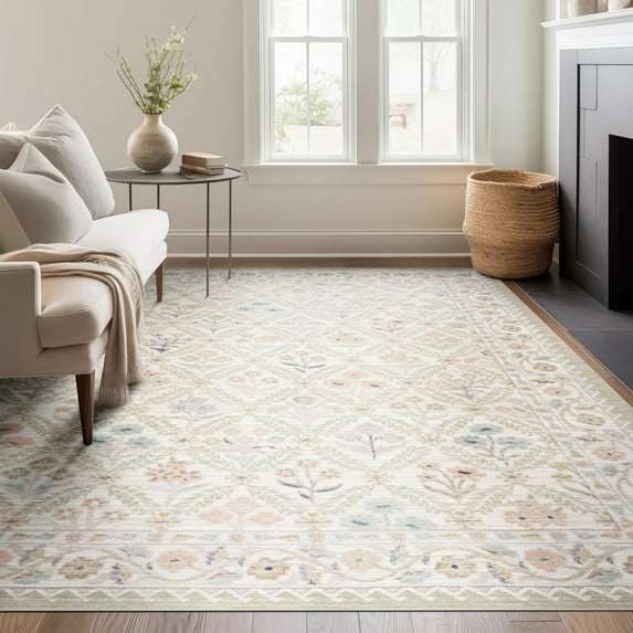 Crestwood Traditional Oriental 8x10 Cream and Aqua Polyester Indoor Area Rug, 7'10'' x 9'4''