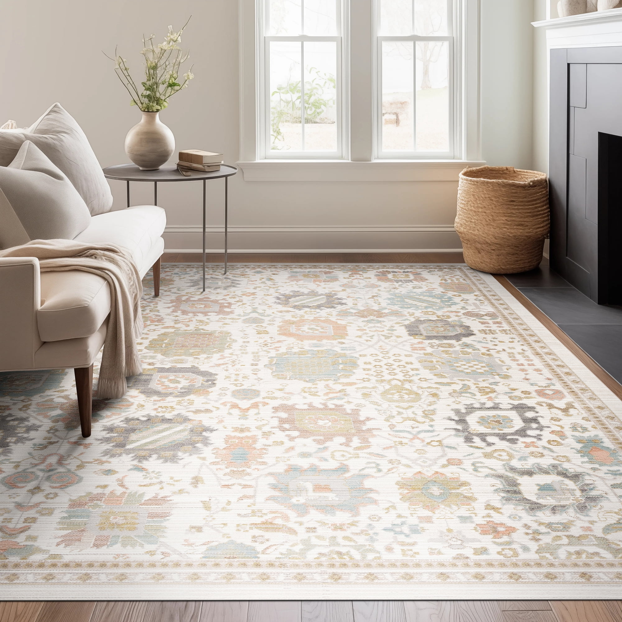 Crestwood Traditional Oriental 8x10 Cream and Aqua Polyester Indoor Area Rug, 7'10'' x 9'4''