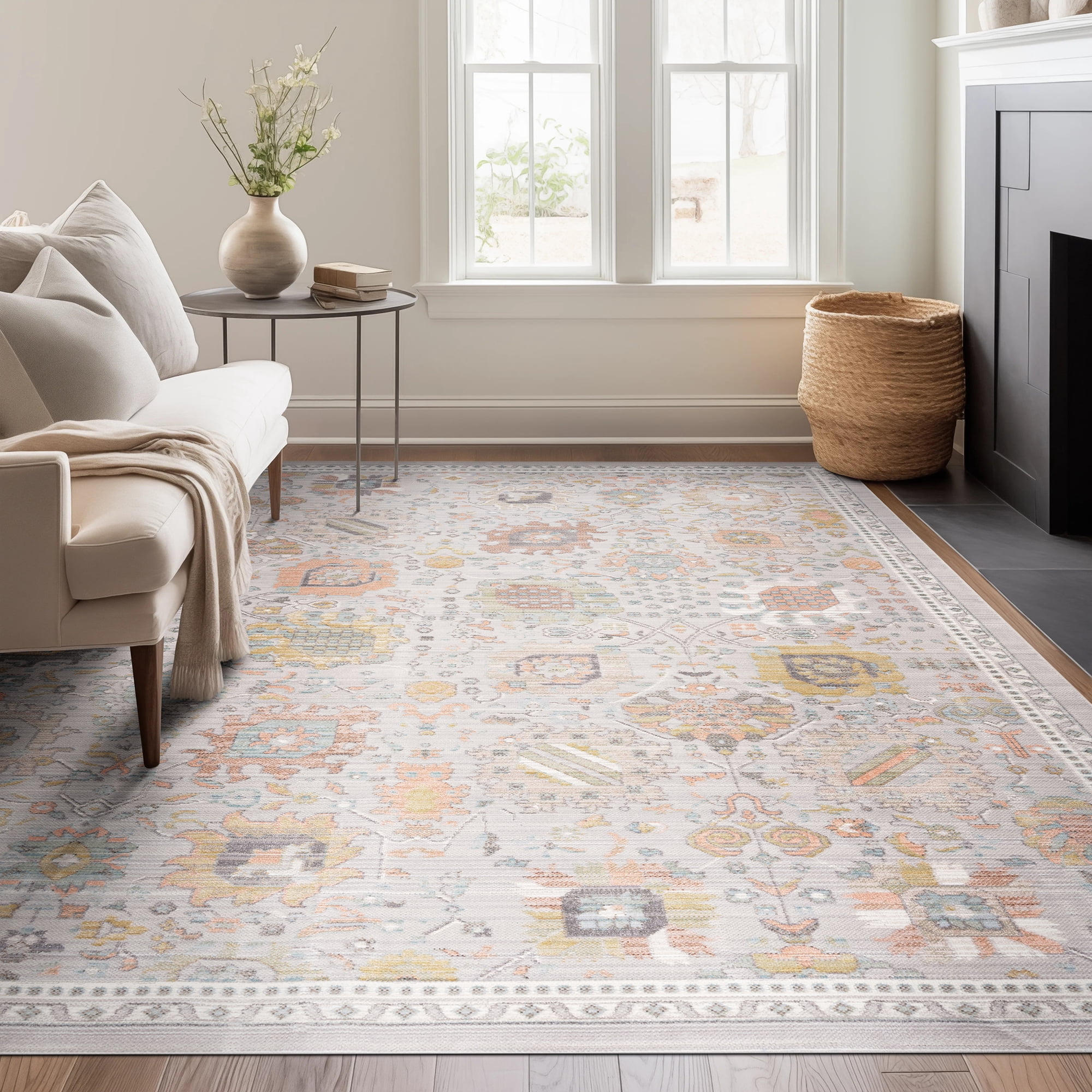 Crestwood Traditional Oriental 8x10 Gray and Aqua Polyester Indoor Area Rug, 7'10'' x 9'4''
