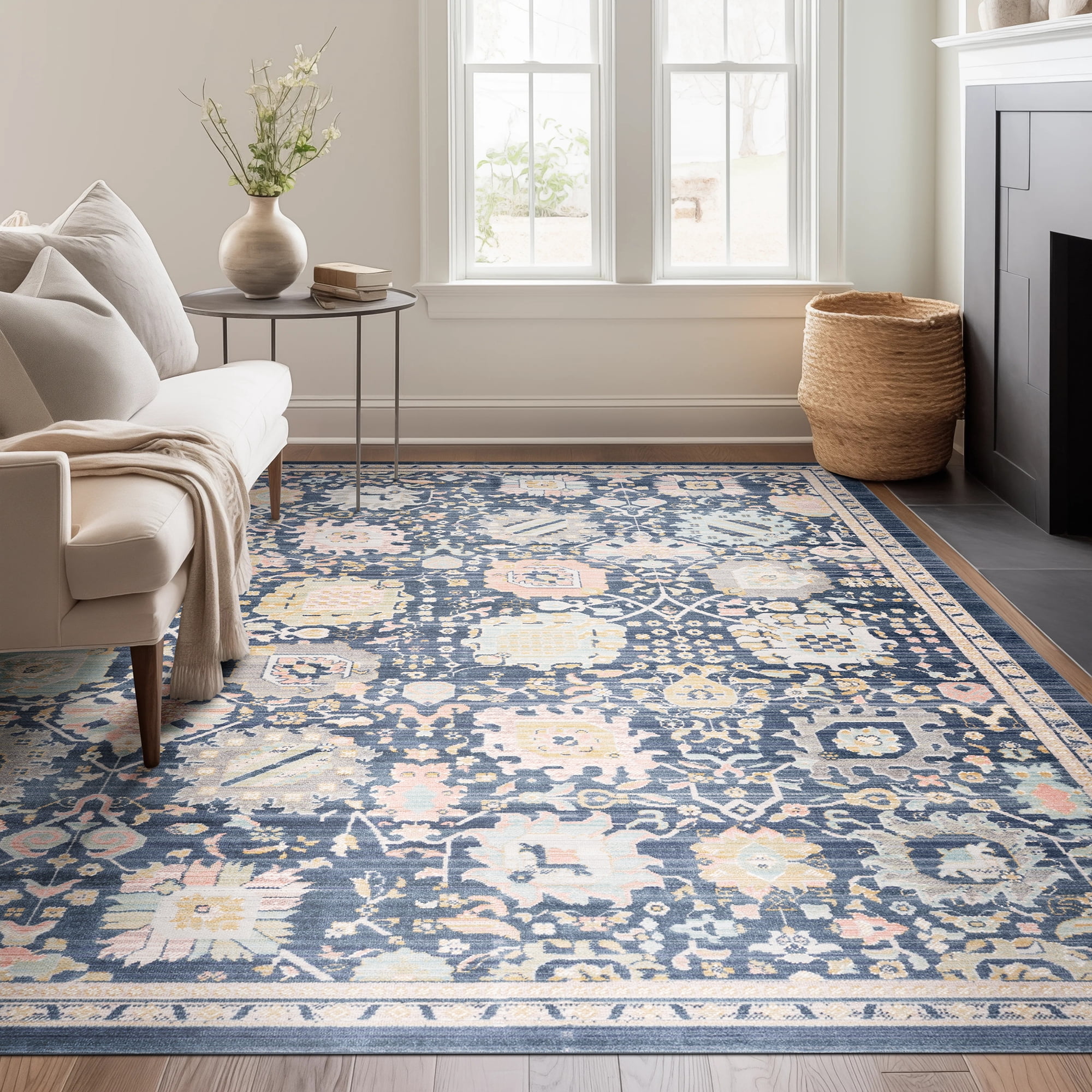 Crestwood Traditional Oriental 8x10 Navy and Aqua Polyester Indoor Area Rug, 7'10'' x 9'4''