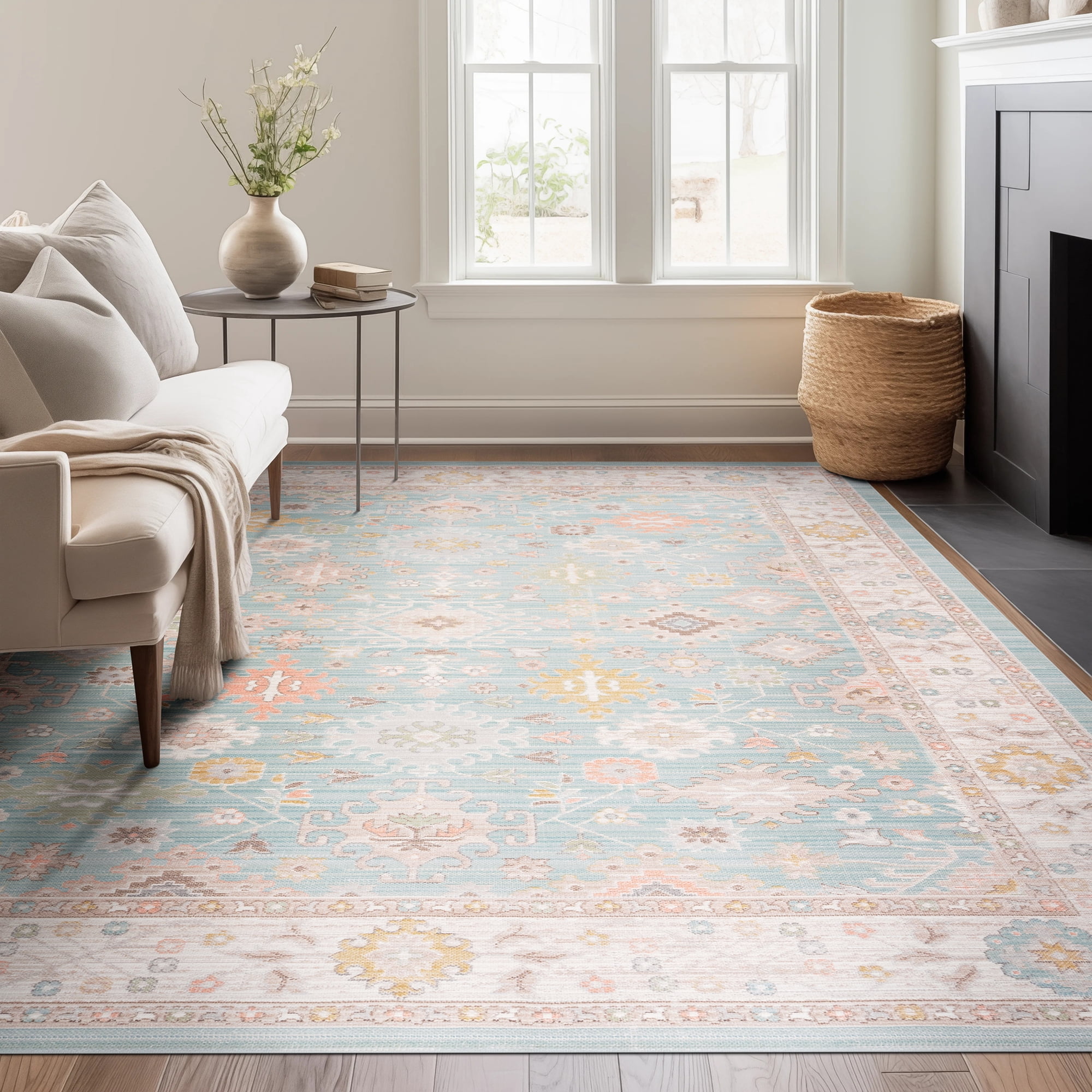 Crestwood Traditional Oriental 8x10 Aqua and Sage Polyester Indoor Area Rug, 7'10'' x 9'4''