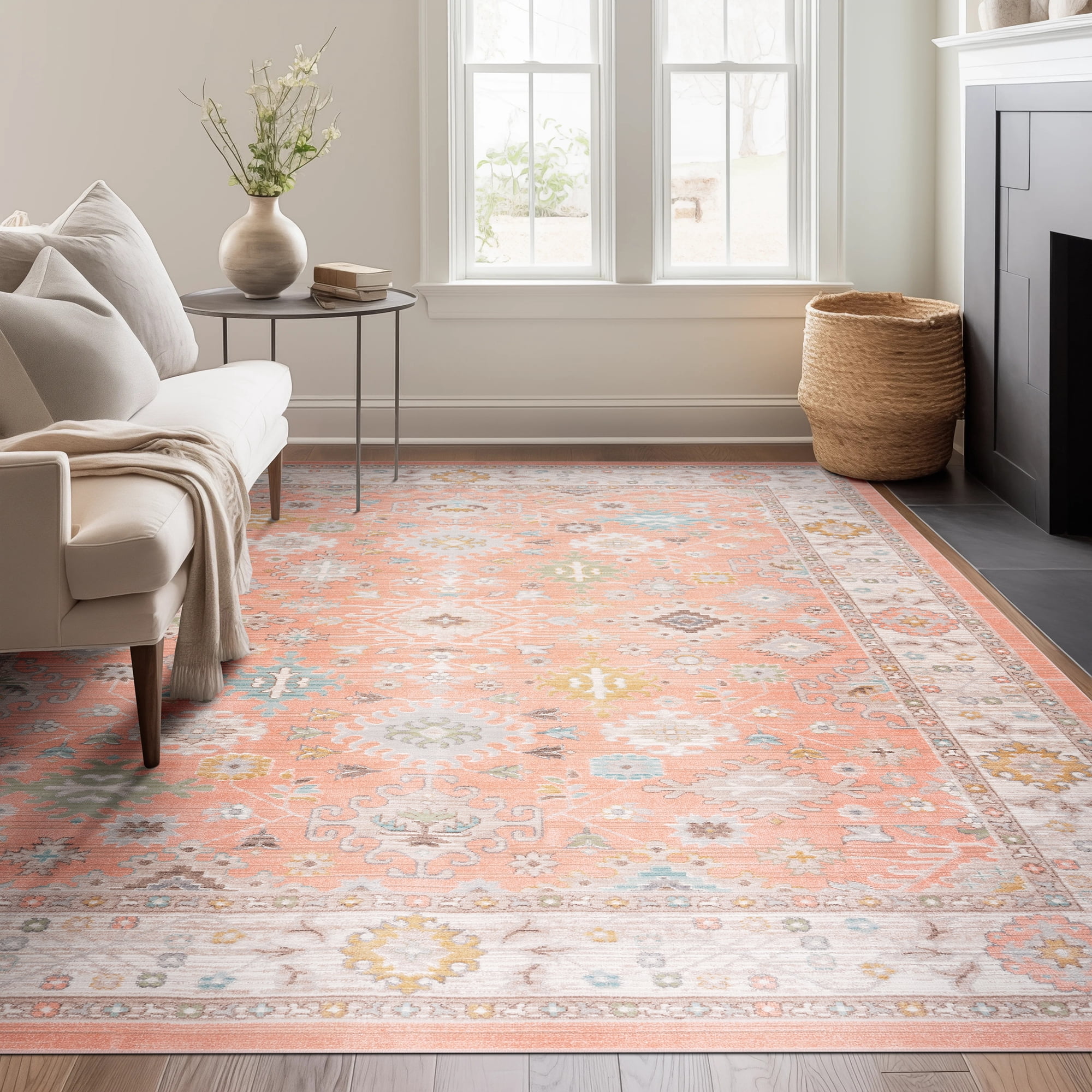 Crestwood Traditional Oriental 8x10 Salmon and Aqua Polyester Indoor Area Rug, 7'10'' x 9'4''
