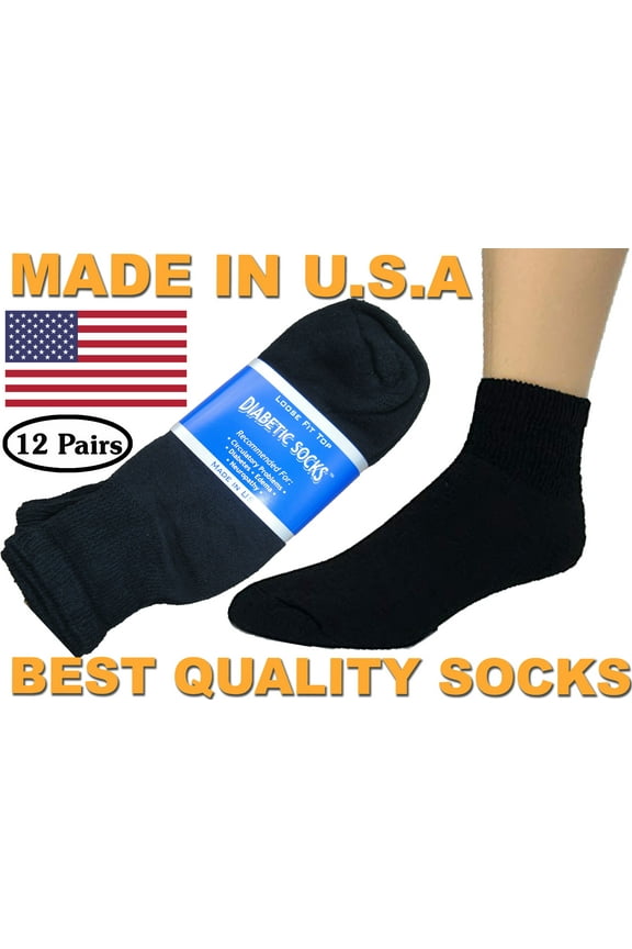 Creswell 12 Pairs Black Diabetic Ankle Socks 10-13 Size MADE IN U.S.A