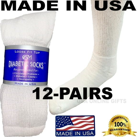 Creswell 12 Pairs Of Mens White Diabetic Crew Socks 13-15 Size MADE IN USA