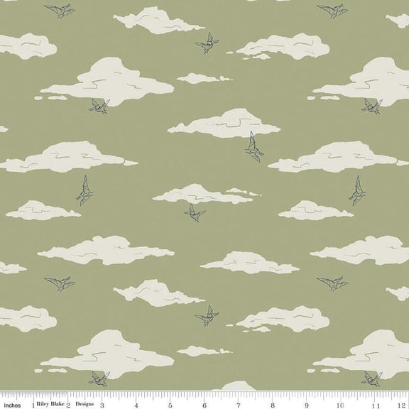 Cretaceous Pterodactyl Clouds Sage Cotton Fabric (1 Yard)