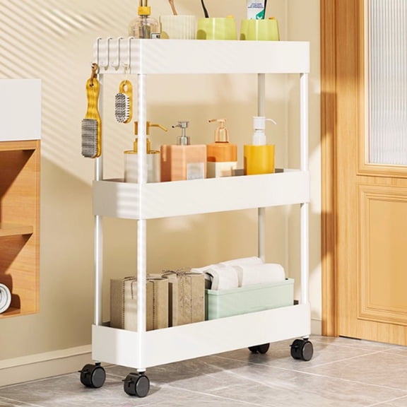 Crevice Storage Rack with Wheels, QQZ 3 Tier Rolling Organizer for Bathroom Kitchen, Multi Layer Adjustable Plastic Shelving Unit for Narrow Spaces, White