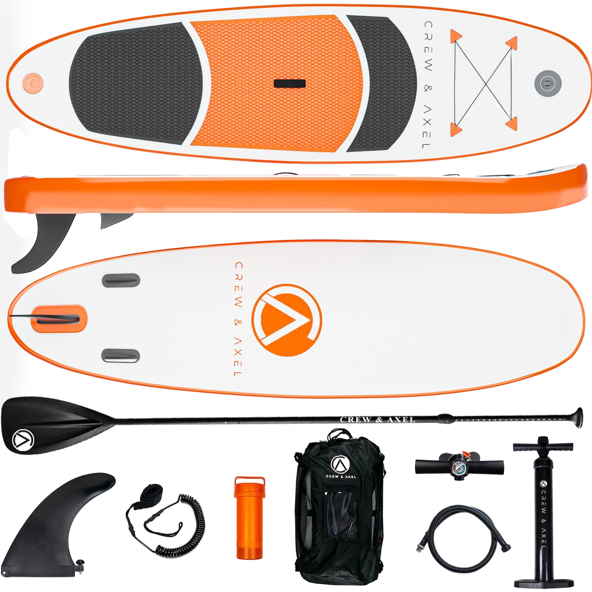 Crew Axel Inflatable Paddle Board 10336 Extra Wide & Lightweight (18lb) Paddle Board  Premium SUP Set Includes 2 Bags, Floating Paddle, Camera Mount, 3 Fins, Dual Pump Kit