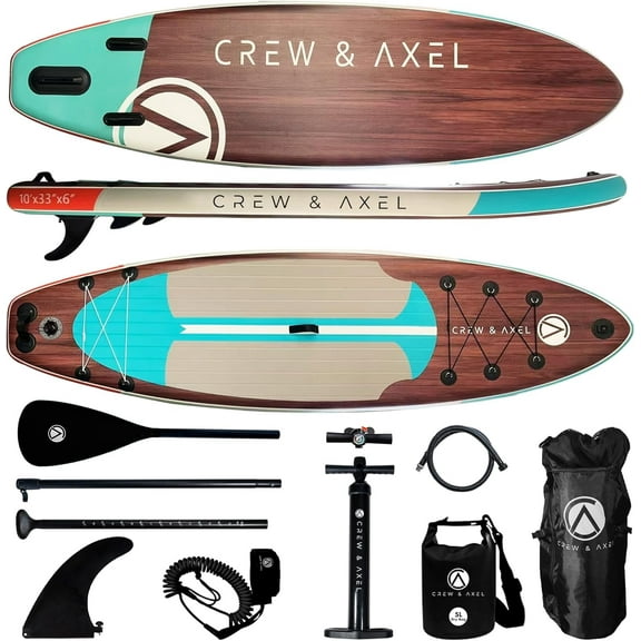 Crew & Axel Inflatable Paddle Board SUP 10FT (6.2 Thick) Non Slip Stand up Paddleboard Set W/Backpack (Dark Wood)