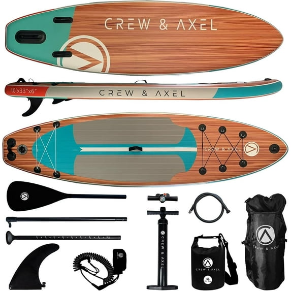 Crew & Axel Inflatable Paddle Board SUP 10FT (6.2” Thick) Non Slip Stand up Paddleboard Set W/Backpack (Light Wood)