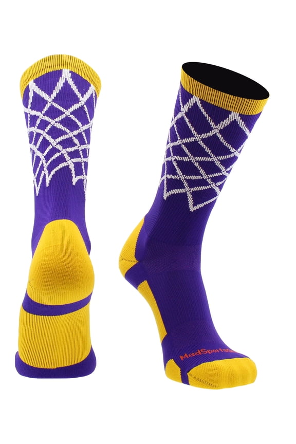 Crew Length Elite Basketball Socks with Net (Purple/Gold, Medium)