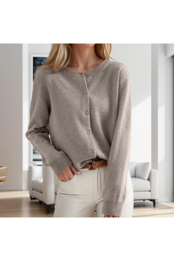 Crew Neck Button Down Knit Cardigan For Women Casual Long Sleeve Trendy Loose Solid Color Cropped Lightweight sweater (M, Bronze)