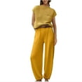 thumbnail image 1 of Crew Neck Cap Sleeve Tops with Wide Leg Pants Women's 2 Piece Sets Casual Loose Outfits Yellow,XL, 1 of 6