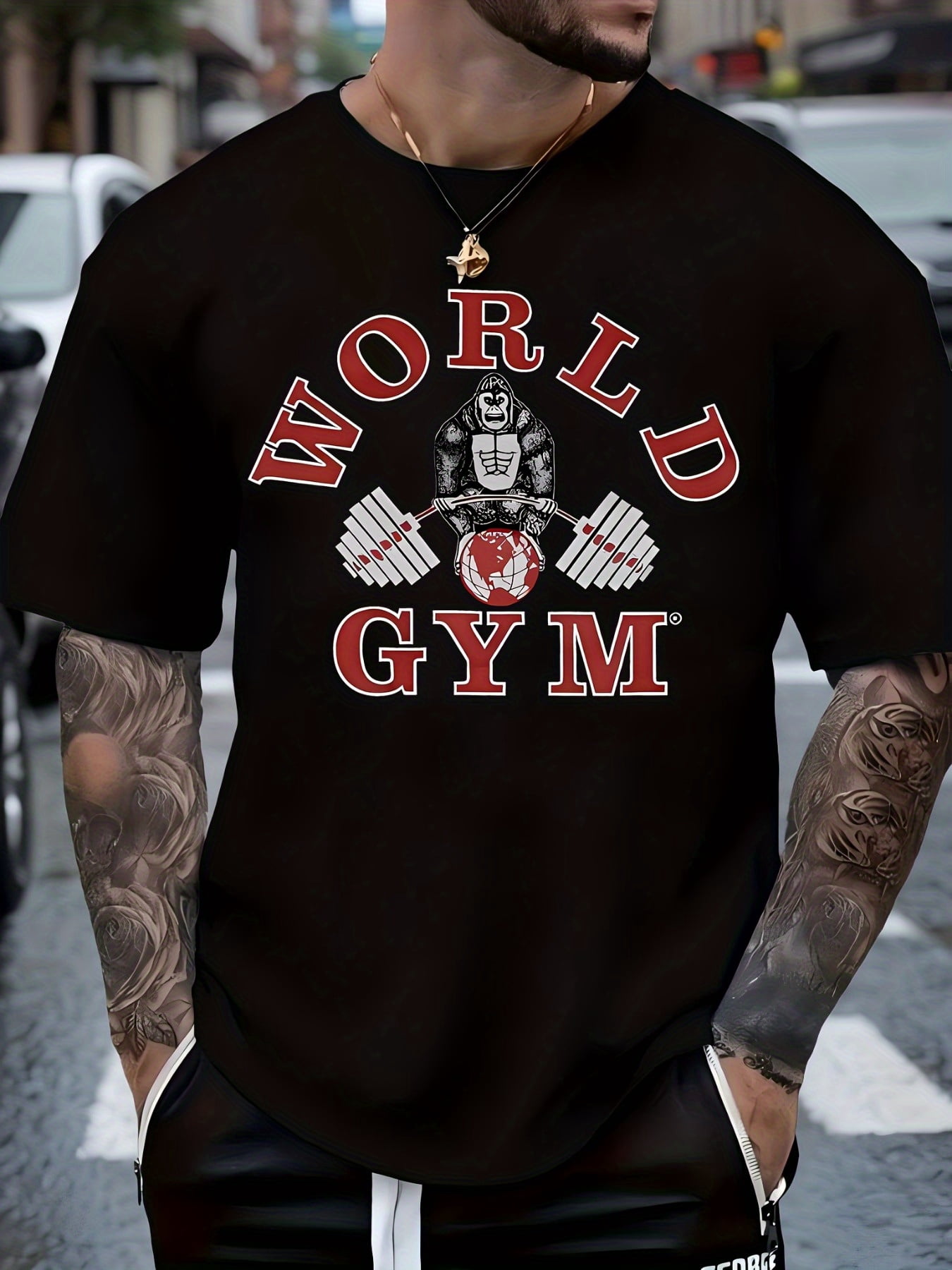 Crew Neck with Chic "WORLD GYM" Pattern Design and Orangutan Illustration - Perfect for Casual Wear, Sports Events and Gifts, Casual Wear T-Shirt | Sports | Fashion Design
