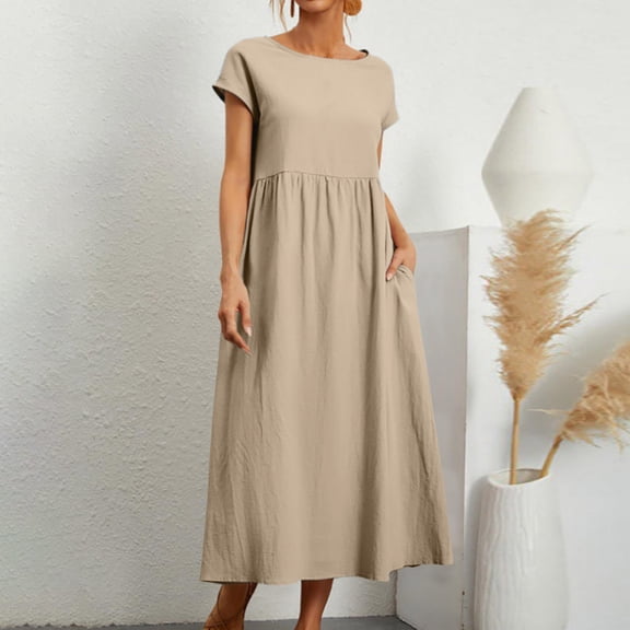 Crew Neck Dress For Women Casual Comfy Short Sleeve Tunic Beach Dresses With Pockets Women Long Dresses Tee Shirt Dresses Womens Beach Dress Womens Ruffle Dress Ladies T Shirt Dresses Rose Dress for