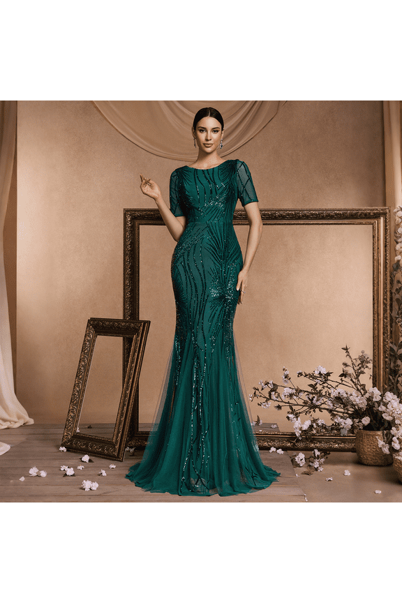 Crew Neck Formal Dresses for Women with Short Sleeve Cocktail Maxi Dresses with Sequin Embroidery Wedding Guest Dresses for Women Mermaid Evening Gown for Party Prom and Birthday Dark Green M