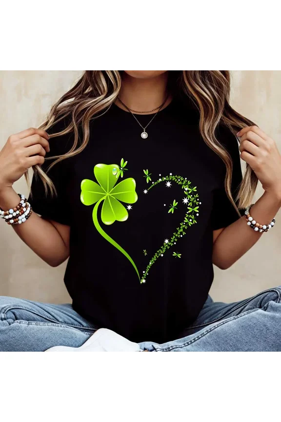 Crew Neck Graphic T-Shirt, Four Leaf Clover & Heart Print Tee, St. Patrick's Day Casual Celebration Top