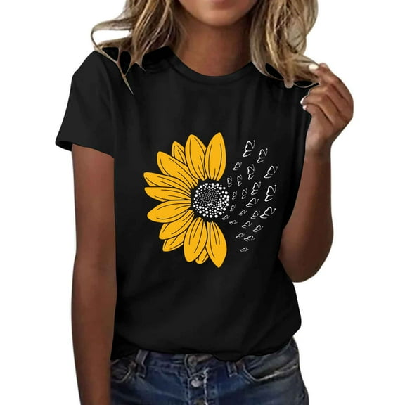 Crew Neck Graphic T Shirts for Women Sunflower Tshirts Vintage Floral Print Short Sleeve Summer Tops Casual Blouse Tees New, 42-Black, S