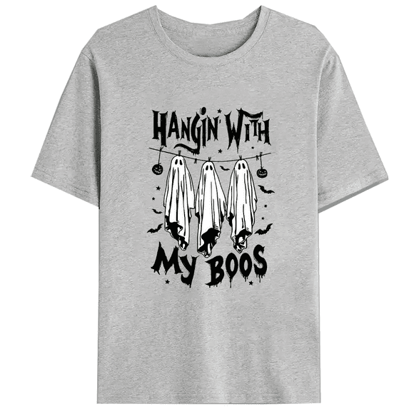 Crew Neck Hangin With My Boos T-Shirt Vintage Retro Graphic Tee Top Fashion Comfortable gray，S-3XL