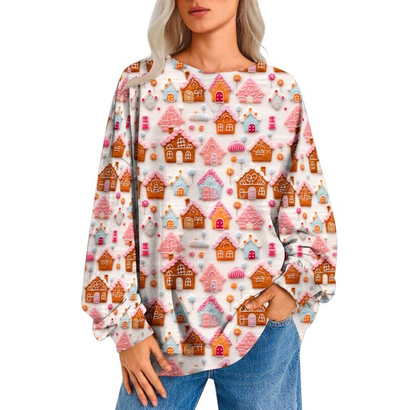Crew Neck Hoodie for Women Loose Long Sleeve Christmas Sweatshirt Fashion Oversized Baggy Graphic Pullover Tops (Multicolor XL)