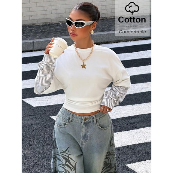 Crew Neck Layered Long Sleeve Crop Top for Women Cotton Striped Contrast Cuff Slim Fitted Casual Going Out Tops